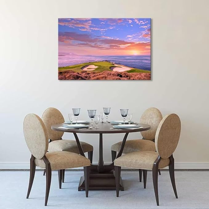 Pebble Beach Golf Course Hole 7 Wall Art Prints - Monterey California USA Golf Course Canvas Wall Art for Living Room Bedroom Bathroom Home Decorations Gifts Framed Ready to Hang(18''H x 24''W)