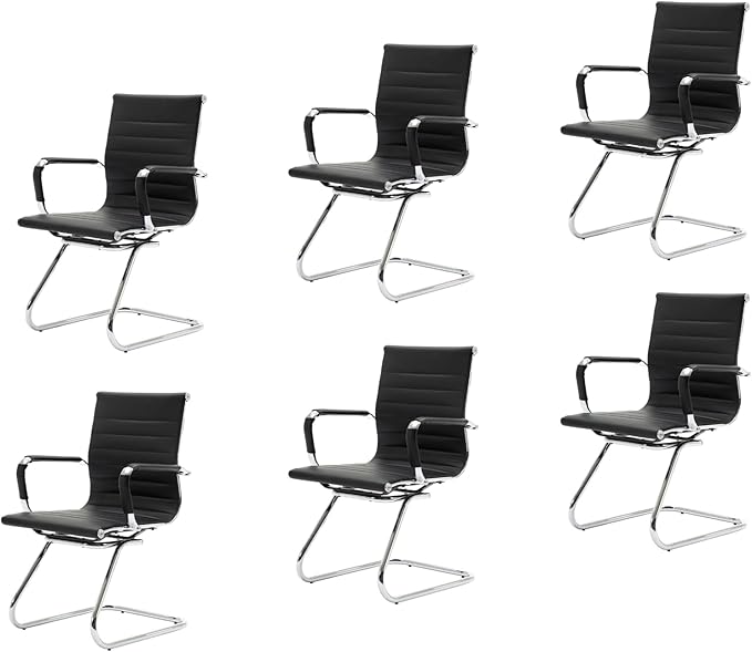 CIMOTA Waiting Room Chairs Leather Office Guest Chair Mid Back Reception Chairs with Sled Base for Meeting/Patient/Conference Room, Black Set of 6