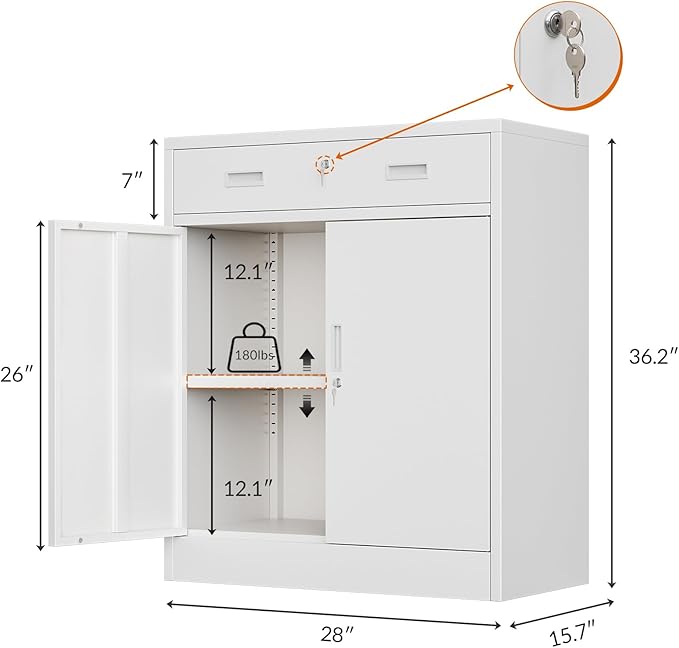 CJF Metal Storage Cabinet, Locking Storage Cabinet with Doors and 1 Drawer, 36" H x 28" W x 16" D Metal Cabinets for Office/Home/Garage -Black