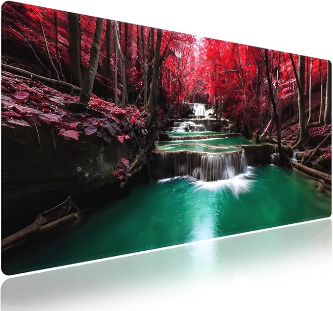 Wknoon. Extra Large Gaming & Office Mouse Pad (31.5" x 11.8") – Enchanted Waterfall in a Vibrant Red Forest, XXL Desk Mat with Durable Stitched Edges & Anti-Slip Base & Smooth Fabric Surface