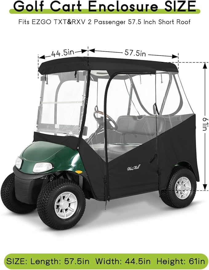 Golf Cart Enclosure 2 Passenger for EZGO TXT RXV 2-Seater 600D Waterproof Transparent Driving Rain Cover 57.5 Inch Roof 4-Sided Clear Windows Roll-Up Door Black