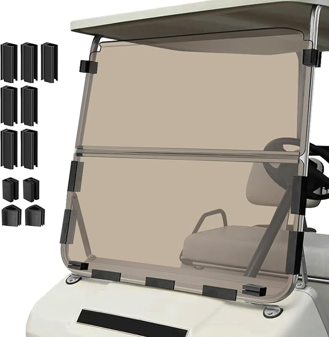 Golf Cart Foldable Windshield 3/16" (5MM) Only Fits 1982-2000 Club Car DS 1"×1" Struts Upper and Down Straight Rail, Folding Acrylic Replacement - Tinted (Not Fit Top Tapered Rail Style)