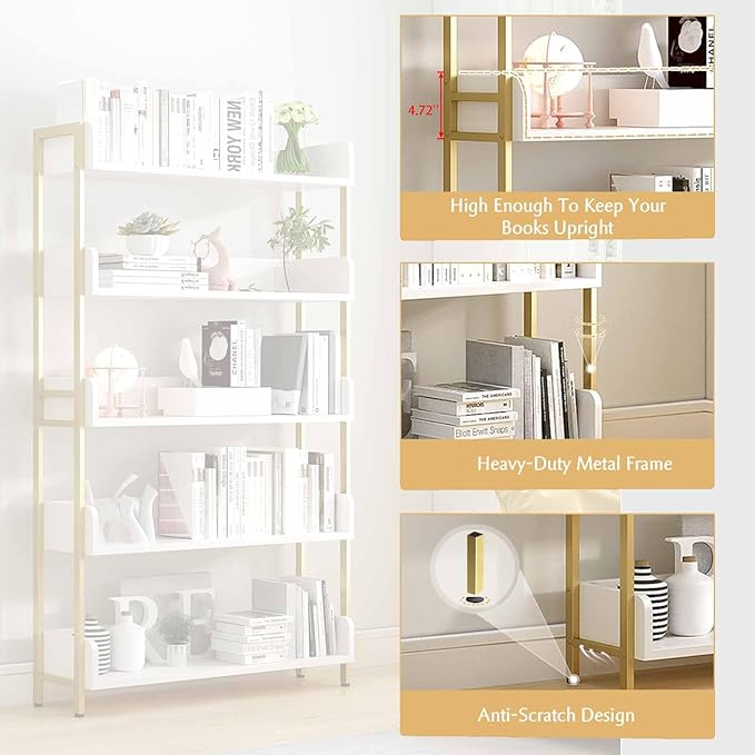 Wide Open Shelf Bookcase - Modern 3-Tier Floor Standing Display Bookshelf with Three-Side Panels for Home and Office, Storage Shelving in Warm White with Gold Frame