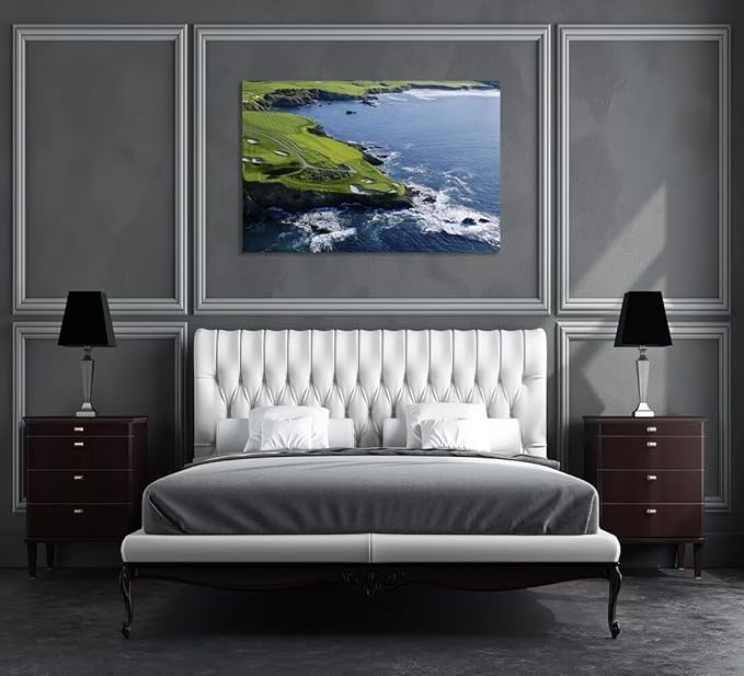Pebble Beach Golf Course Canvas Wall Art for Living Room Bedroom Bathrooom Home Decorations California Coastal Golf Course Picture Poster Framed Artwork Ready to Hang(12''H x 16''W)