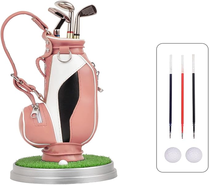 Leather golf pen holder with three golf club pen for writing, suitable for desk decoration, golf cake decoration, unique gift for men Boss Dad golfer colleagues, interesting and novel birthday gift