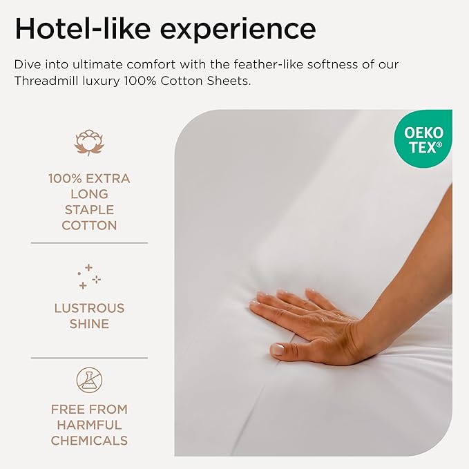 Threadmill Luxury 800 Thread Count Twin 100% Cotton Sheets - Hotel White Sateen Weave Bed-Sheets, Better Than Egyptian Cotton,3 Pc Solid Soft Bedding Set, Fits 15" Deep Pocket