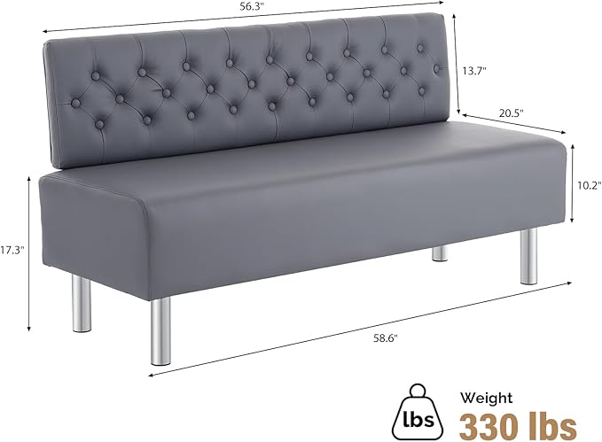OmySalon Waiting Room Bench with Back, 58.6’’ Office Guest Chair Upholstered Reception Seating, Lobby Furniture for Beauty Salon Barbershop Airport Bank Hall Room Conference, Button Tufted, Gray