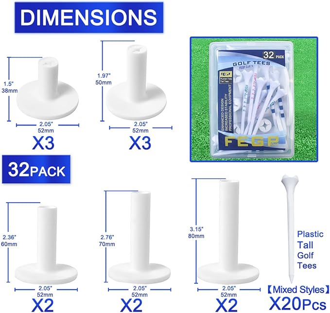 Rubber Golf Tees for Mats |Driving Range tee, Golf mat tees | Golf Accessories for Indoor & Outdoor Practice, 5 Sizes Rubber Tees & 20 Tall Plastic Golf Tees (32 Pcs)