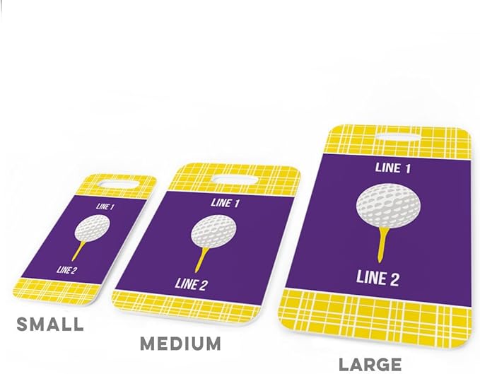 ChalkTalkSPORTS Golf Luggage & Bag Tag | Personalized Team with Golf Ball | Standard Lines on Back | Small | Yellow/Purple
