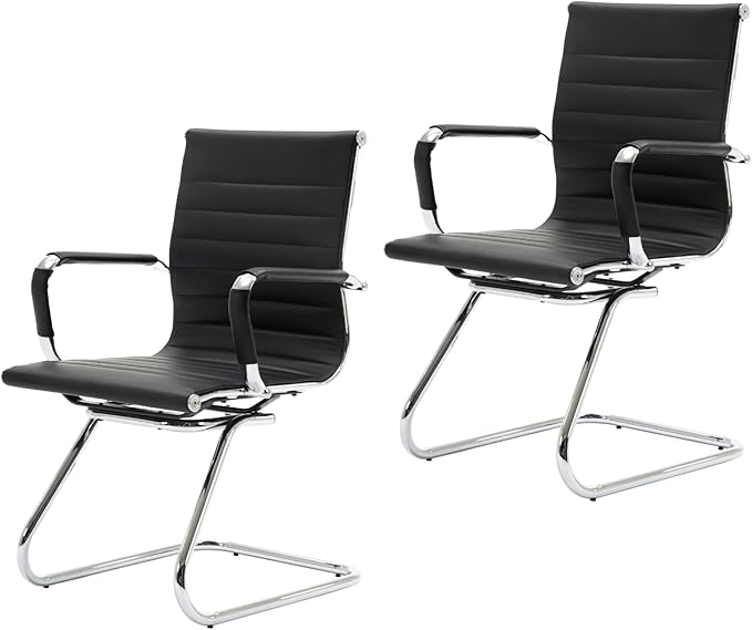 CIMOTA Waiting Room Chairs Leather Office Guest Chair Mid Back Reception Chairs with Sled Base for Meeting/Patient/Conference Room, Black Set of 2