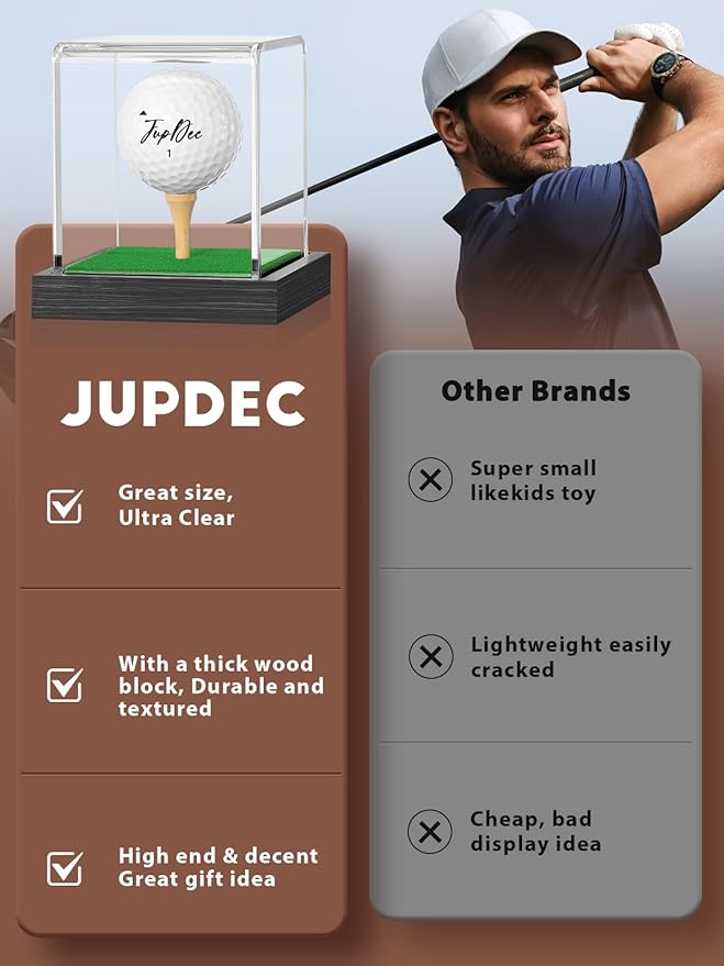 JupDec Golf Ball Display Case Clear Acrylic Memorabilia Stand Cube Holder with Wood Base & Tee, Dust Protection Transparent Storage Box for Single Ball Souvenir Golfball Collections, Black, 1 Pack