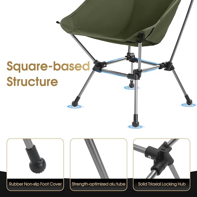 Portable Camping Chair Plus, Larger & Roomier, Compact and Lightweight, Folding Chair for Backpacking & Hiking, 330Lbs Capacity, Green