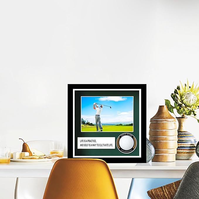 Golf Ball Case Display,9.8"x8.6"Golf Ball Holder Display,Hole in One Display Case,with 4x6 Photo Frame,Solid Wood HD Glass Golf Display (Black) ﻿