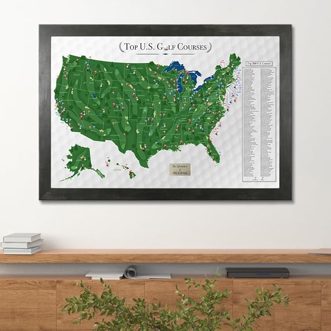 Push Pin Travel Maps Customizable Wall Art - Top Golf Courses USA Map - Rustic Black - Personalized Framed Pin Map, Includes 150 Pins - Handcrafted in USA - 27.5" x 39.5"