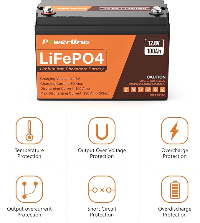 12V 100Ah LiFePO4 Battery with 12V 20A LiFePO4 Battery Charger, PowerUrus 4000-8000 Cycle Rechargeable Lithium Battery with Smart APP, 12V 100Ah Lithium Battery for RV, Marine, Off Grid Application