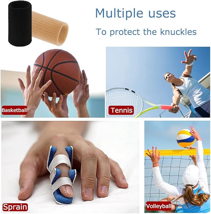 20 Pcs Finger Splints, Finger Sleeves Protectors Finger Brace Sport Finger Compression Sleeve Support Elastic Thumb Sleeves for Relieving Pain Arthritis Trigger Finger(Black+Skin Tone)