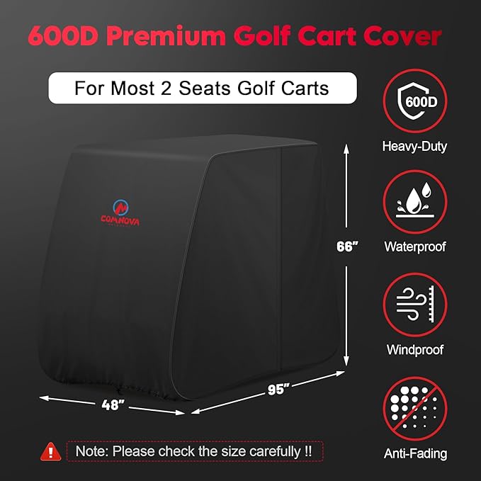 Comnova Golf Cart Cover 2 Passenger - 600D Waterproof Golf Carts Enclosure with Zipper, Windproof & UV Resistant, Outdoor Golf Cart Cover Universal Fit EZGO, Club Car, Yamaha up to 95"L x 48"W x 66"H