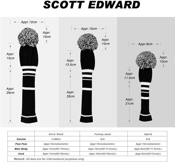 Scott Edward 1/3/4PCS Multi-Style Optional Individualized Knit Golf Club Head Covers, Driver Wood(460cc) Fairway Wood and Hybrid(UT)，for Male/Female Golfers,Custom