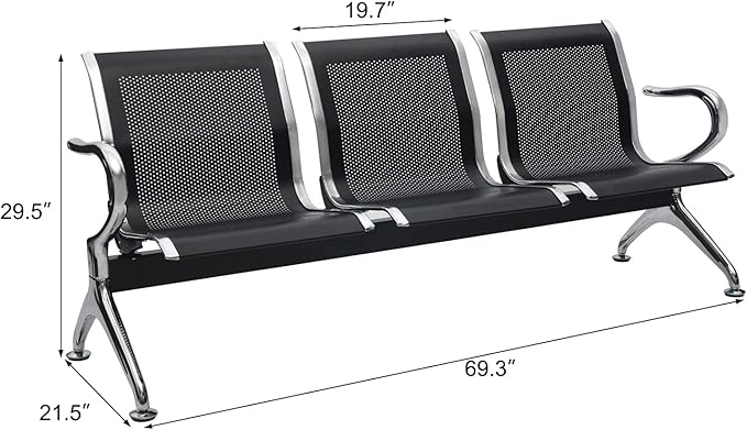 3-Seat Waiting Room Chairs - Waiting Room Bench with Arms Airport Reception Bench Guest Reception Chairs Lobby Bench Waiting Area for Airport Market Bank Hospital School Barbersho, Black