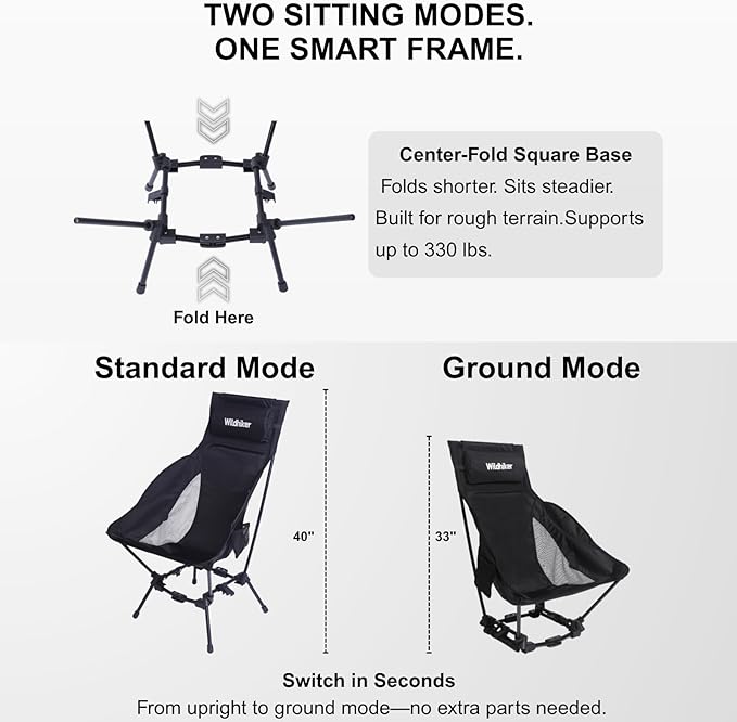 Wildhiker Portable High Back Folding Camping Chairs – Compact with Dual Sitting Modes, Pillow, Arm Pads and Side Pockets – Lightweight Chair for Motorcycle, RV, Festival, Travel – Black