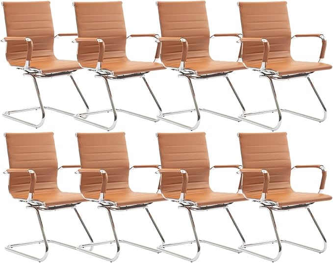 CIMOTA Waiting Room Chairs Leather Office Guest Chair Mid Back Reception Chairs with Sled Base for Meeting/Patient/Conference Room, Brownish Yellow Set of 8