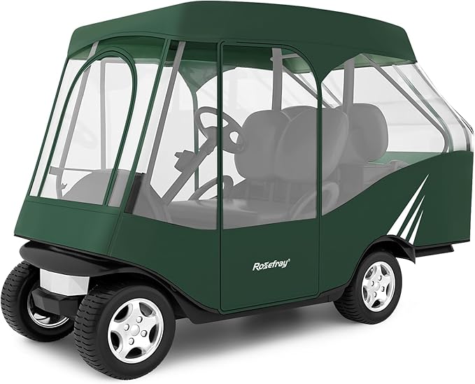 Rosefray Golf Cart Enclosure, 2+2 Drivable Rain Cover, Short Roof 58" - EZGO, Club Car - Durable Door Zipper - 4 Seater Golf Cart Cover Glowing at Night