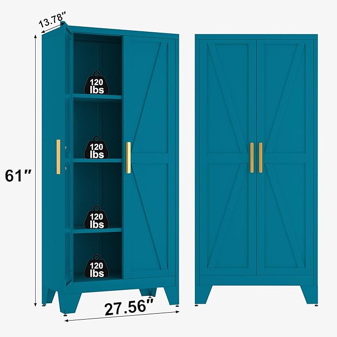 61H Metal Storage Cabinet with 2 Doors and Adjustable Shelves,Farmhouse Storage Cabinet with Barn Doors,Pantry Storage for Home,Office,Bathroom,Dining Room,Kitchen(Blue)