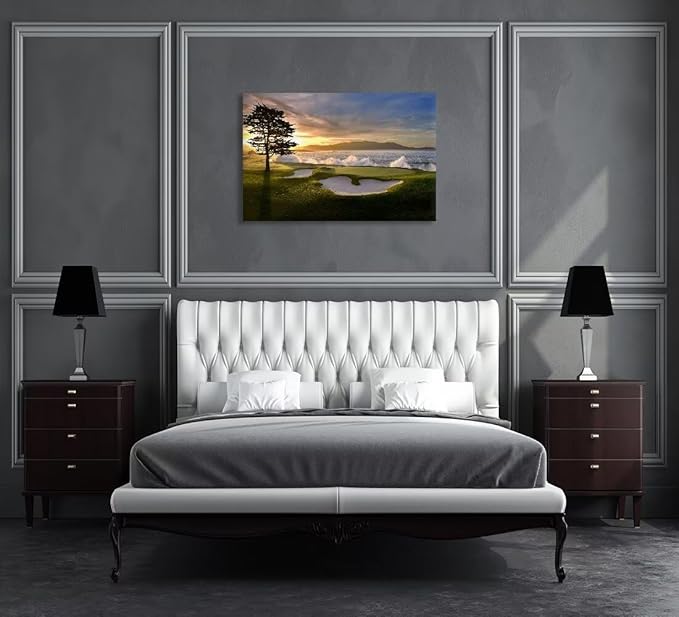 chenchenArt Pebble Beach Golf Course Wall Art Pictures Golf Course Poster Canvas Prints Golf Artwork Wall Decor for Living Room Bedroom Bathroom Home Decorations Framed Ready to Hang(18''H x 24''W)
