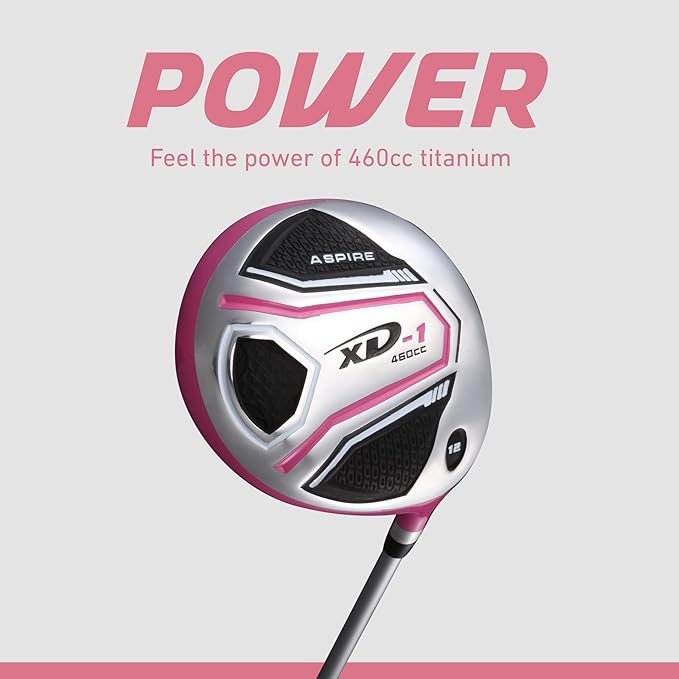 Aspire XD1 Womens Golf Clubs Full Set, Includes Driver, Fairway, Hybrid, 6-PW Irons, Putter, Stand Bag, 3 H/C's, Ultra-Light Graphite Shafts, Golf Clubs Women Right Handed, Comes in 3 Sizes, Pink
