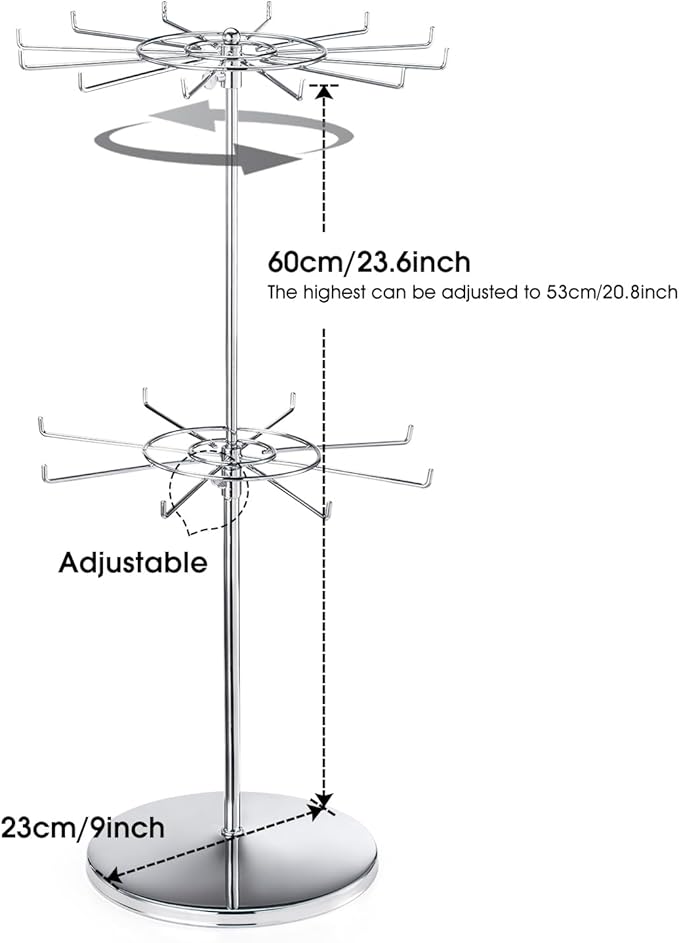 Dual Adjustable (Total Height & Tier Heighs) CounterTop Spinner Display Stand, Heavy Duty 2-Tiers, Silver