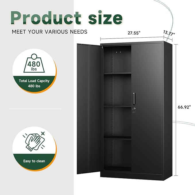 Letaya Metal Black Storage Cabinet with Adjustable Shelves and Lock Door-Metal Pantry Cabinets for Home,Office,Warehouse,Utility Room