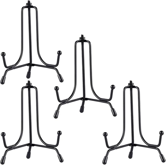 Mocoosy 4 Pack Improved Anti-Slip Plate Stands for Display, 4 Inch Plate Holder Display Stand, Picture Frame Holder Stand, Black Iron Easel Stands for Photo, Decorative Plate and Tabletop Arts