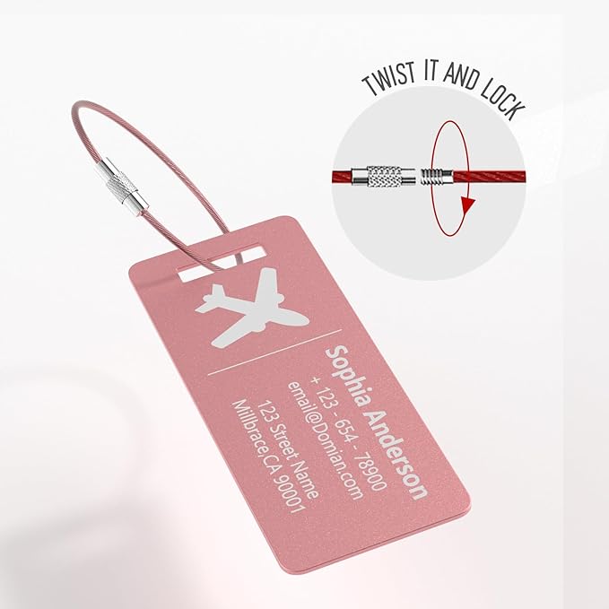 4 Pack Personalized Luggage Tags, Custom Engraved Aluminum Luggage Tags with Your Personalized Text, Waterproof Metal Name Tags with Steel Loop for Bags, Suitcase, Baggage, Backpack (Pink, Small)