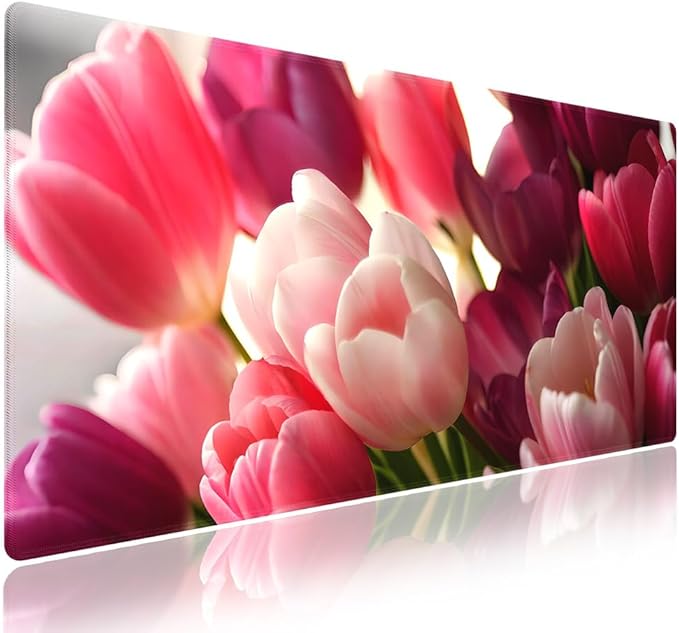 Wknoon. Extra Large Gaming & Office Mouse Pad (31.5" x 11.8") with Durable Stitched Edges – Bouquet of Tulips Flowers Pink and Purple Blossoms Girly Floral Close-up, Anti-Slip Extended XXL Desk Mat