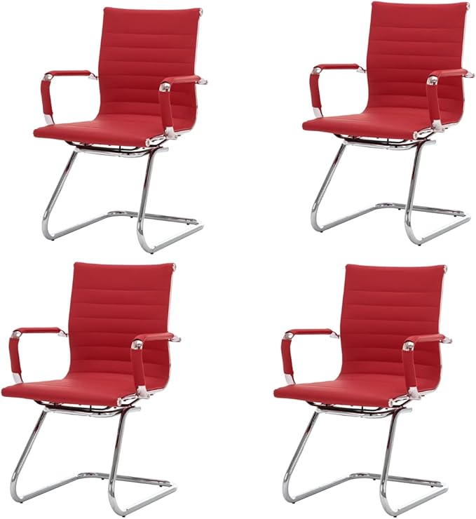 CIMOTA Waiting Room Chairs Leather Office Guest Chair Mid Back Reception Chairs with Sled Base for Meeting/Patient/Conference Room, Red Set of 4