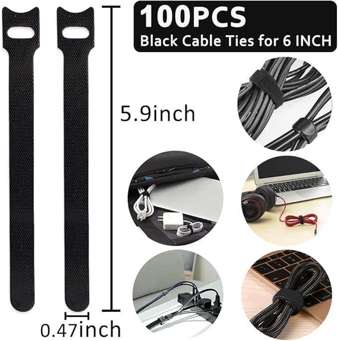 100pcs Cable Ties Reusable All-Black Wire Ties Cable Management Cord Ties Reusable for Electronics Hook and Loop Cable Ties for Computer 6 Inch