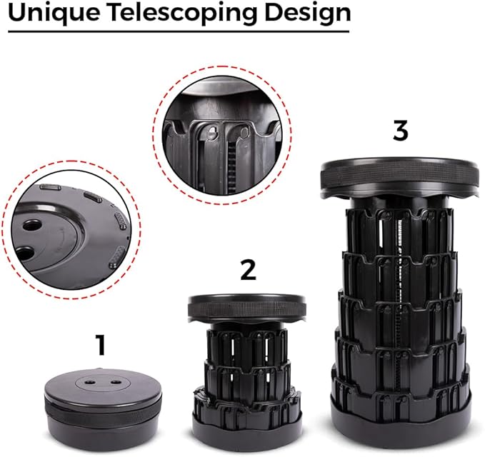 Upgraded Collapsible Stool – Easy to Carry retractable Stool - Lightweight telescoping stool for Camping & BBQ –Sturdy Portable Stool - Slip Resistant Telescopic Stool with Max Load Capacity 1000lbs