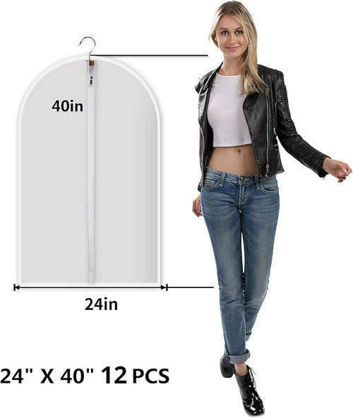 12 Pack Garment Bags for Hanging Clothes (24x40") - Dustproof Suit Bags for Closet Storage - Durable PEVA Covers with Sturdy Zipper for Coats, Jackets & Dresses (Translucent)
