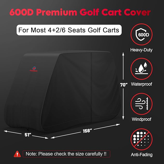 Comnova Golf Cart Cover 6 Passenger - 600D Waterproof Golf Carts Enclosure with Zipper, Windproof & UV Resistant, Outdoor Golf Cart Cover Universal Fit EZGO, Club Car, Yamaha up to 156"L x 51"W x 70"H