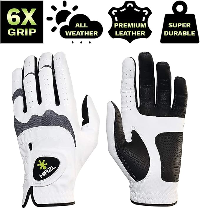 HIRZL Trust Hybrid Golf Glove– All Weather Mens Golf Glove (White/Black) | Nylon, Kangaroo Leather, Polyester | Ultimate Grip (Wet or Dry), Ergonomic Fit, Breathable, Sweat Free, Water Repellent