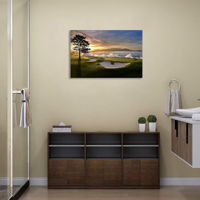 chenchenArt Pebble Beach Golf Course Wall Art Pictures Golf Course Poster Canvas Prints Golf Artwork Wall Decor for Living Room Bedroom Bathroom Home Decorations Framed Ready to Hang(18''H x 24''W)