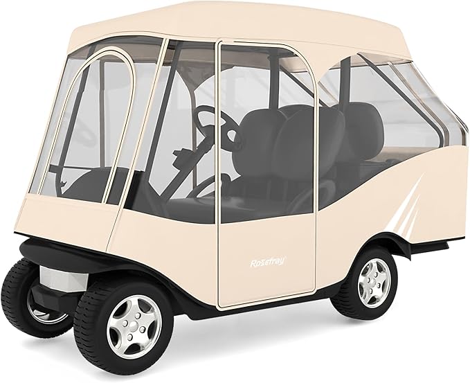 Rosefray Golf Cart Enclosure, 2+2 Drivable Rain Cover, Short Roof 58" - EZGO, Club Car - Durable Door Zipper - 4 Seater Golf Cart Cover Glowing at Night