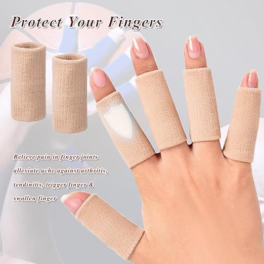 Finger Sleeves Protectors, 10Pcs Sport Finger Sleeves Elastic Thumb Brace Support for Basketball Golf Premium Fingers Sleeve for Arthritis Perfect for Relieving Pain (10pcs beige set)