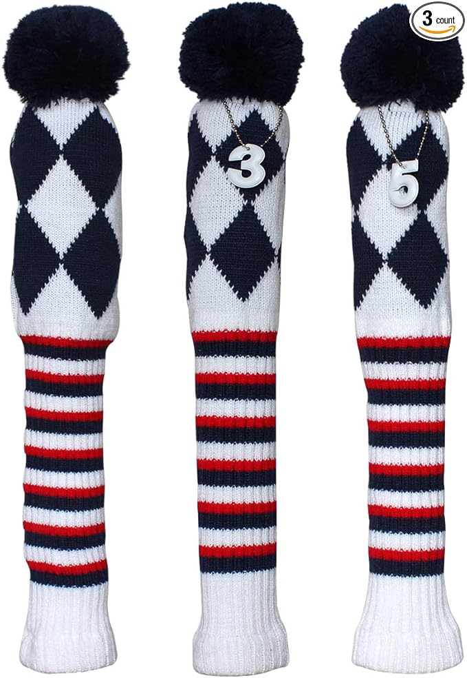 Craftsman Golf Knit Pom Pom 3pcs Headcover Set Vintange Sock Covers for Driver and Woods