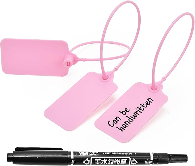 50pcs Luggage Tags Plastic Seals Shipping Label Logistics Sign Tie Bag Tag, Sealing Storage Multi Purpose Name ID Tag with Marker for Suitcases, Backpack, Schoolbag, Car Key (Pink)