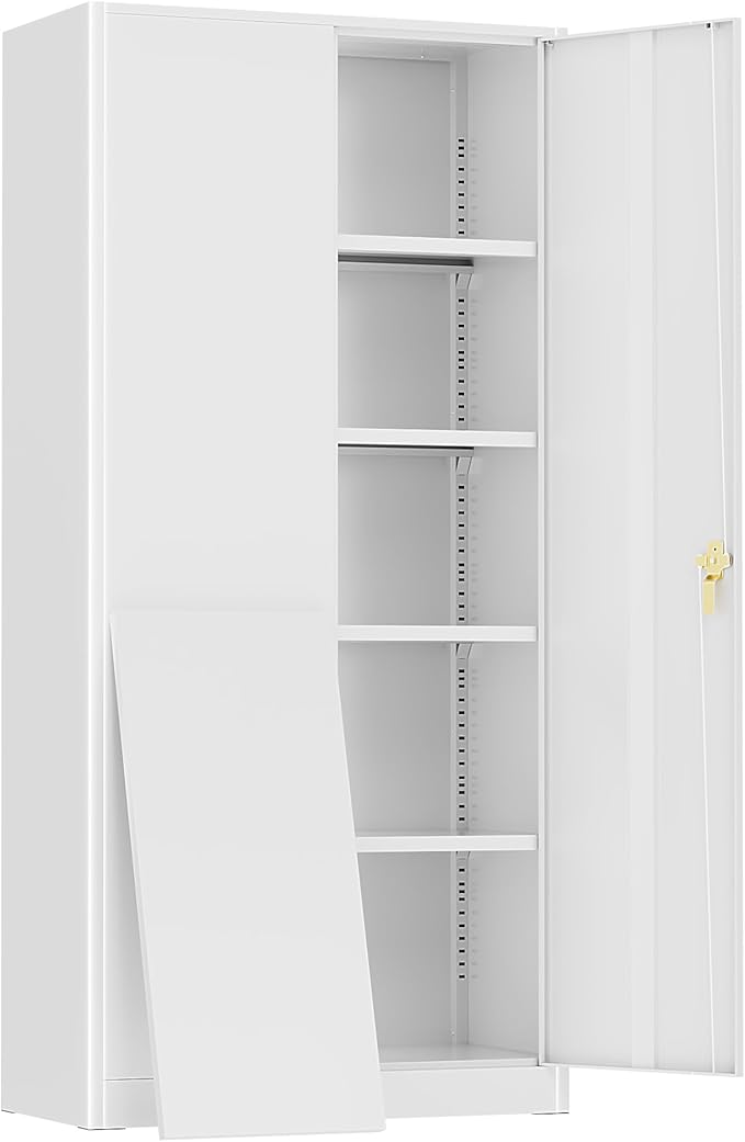 Greenvelly Metal Garage Storage Cabinet with 2 Doors and 4 Adjustable Shelves, 72”H White Steel Lockable Storage Cabinet,Tall Metal Cabinet Locking File Cabinet for Office,Home, Garage, Gym, School