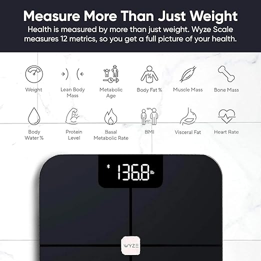 Wyze Scale for Body Weight, Digital Bathroom Smart Scale for Body Fat, BMI, and Heart Rate, 12 Body Composition Analyzer with App, Bluetooth, 400 lb - Black
