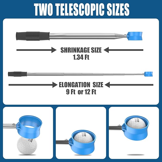 9ft/12ft Water Telescopic Golf Ball Retriever，Classic and Durable Stainless Steel Picker Upper, The Best Accessory Gift for Men and Women Golfers.