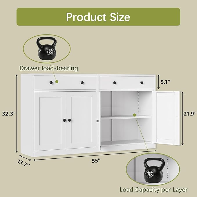 BESFUR Metal Storage Cabinet with Doors and 1 Drawer, 32” Metal Cabinet for Classroom, Home and Office - White