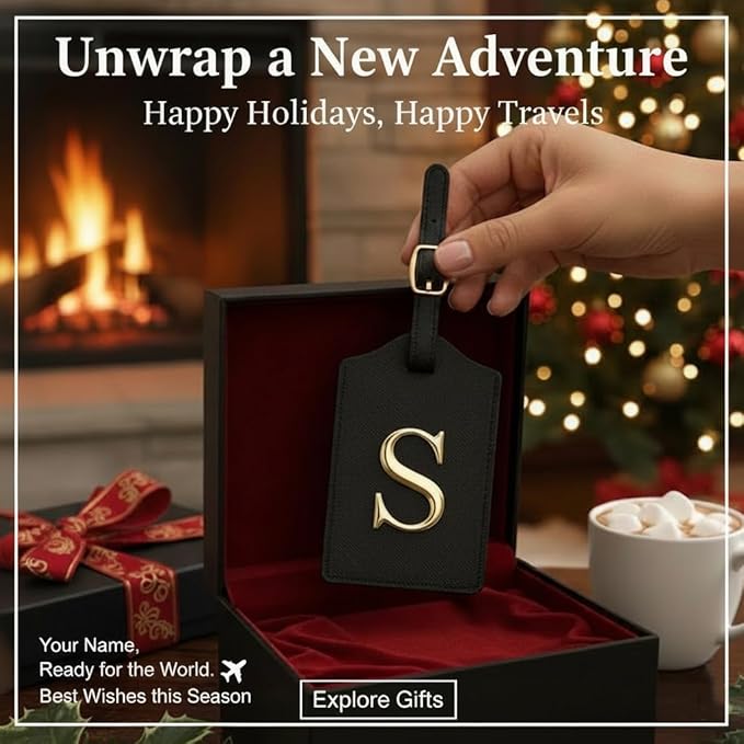 Personalized Initial Letter Luggage Tag for Suitcases PU Leather Baggage ID Tag with Metal Alphabet,Travel Accessory for Backpacks, Bags and Gift for Travelers (Black/Gold-Letter, S)